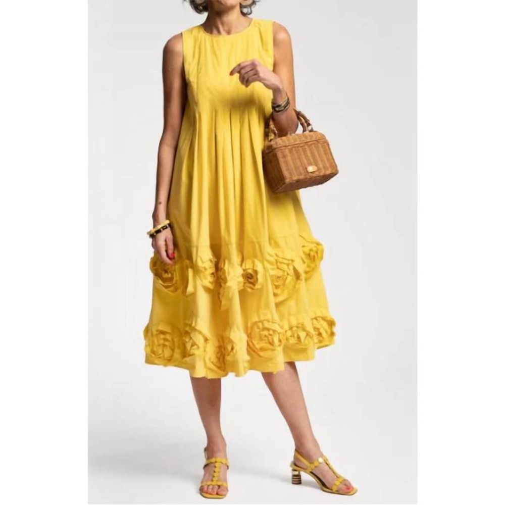 NWT FRANCES VALENTINE Sunny Midi Dress Flower Applique Cotton Poplin Yellow XS